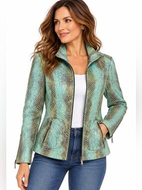 Dialogue Mint Green Snake-Print Zip Jacket
